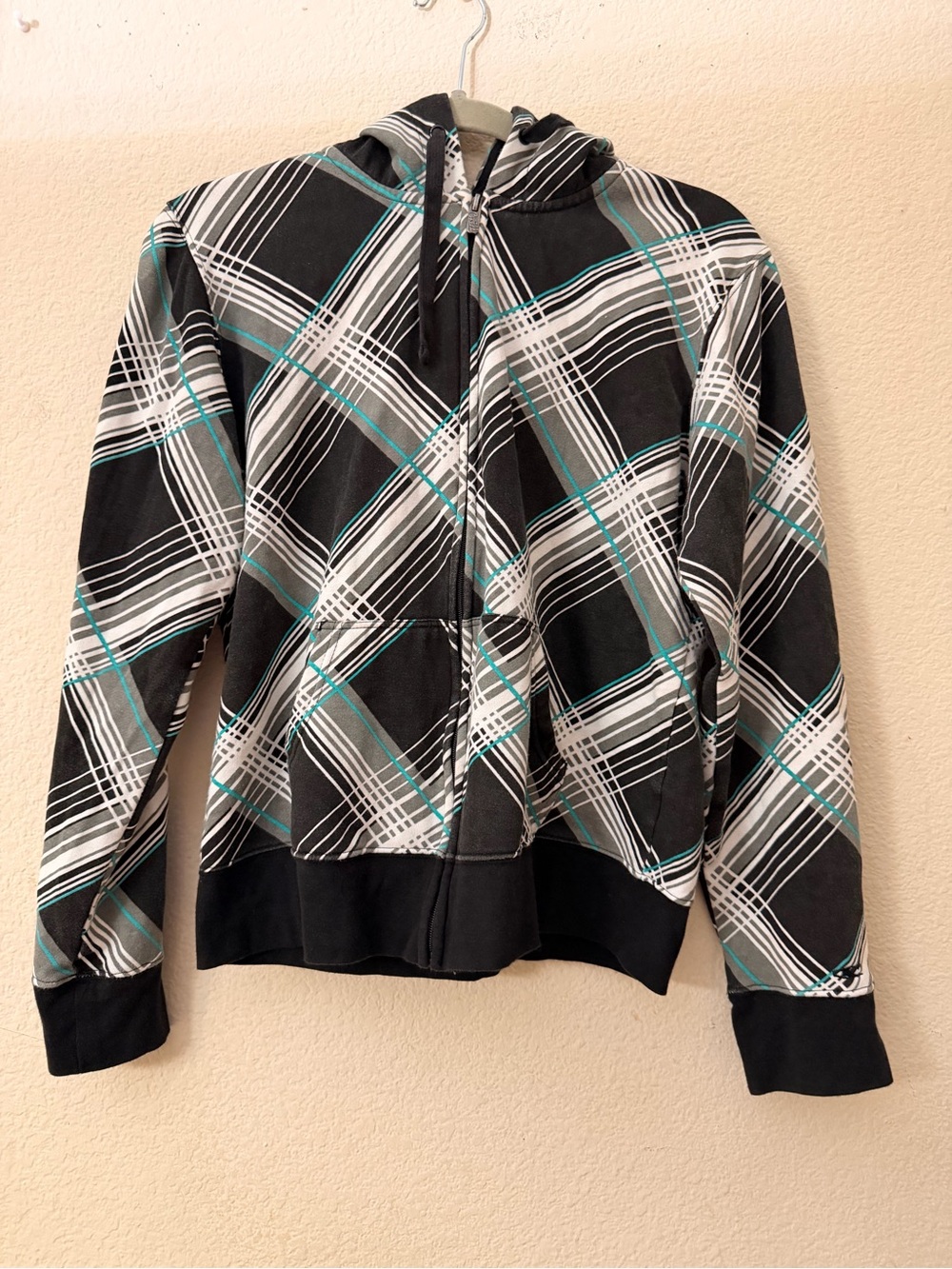 O'Neill Black Plaid Zip Bomber Jacket with Teal Stripes